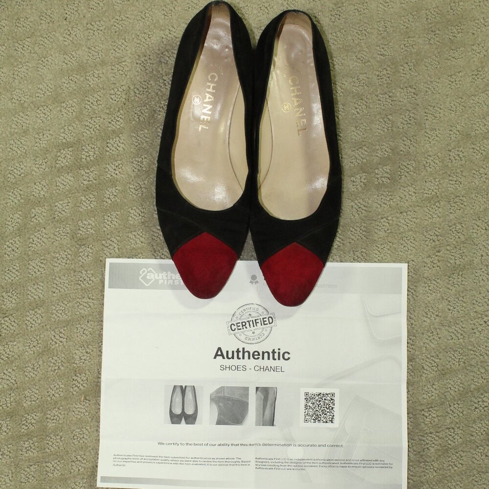 Chanel Women's Size 9 Suede Black Body Red Cap Toe Low 1.75" Block Heels